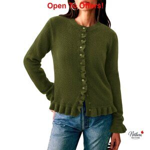 Chunky Knit Button Down Cropped Cardigan Long Sleeve Crew Neck Sweater